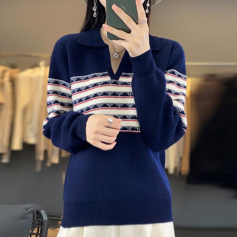 Кардиган с контрастным лацканом из двухслойного трикотажа для женщин на осень и зиму. Новый свободный и универсальный кашемировый вязаный свитер. Теплая базовая рубашка.