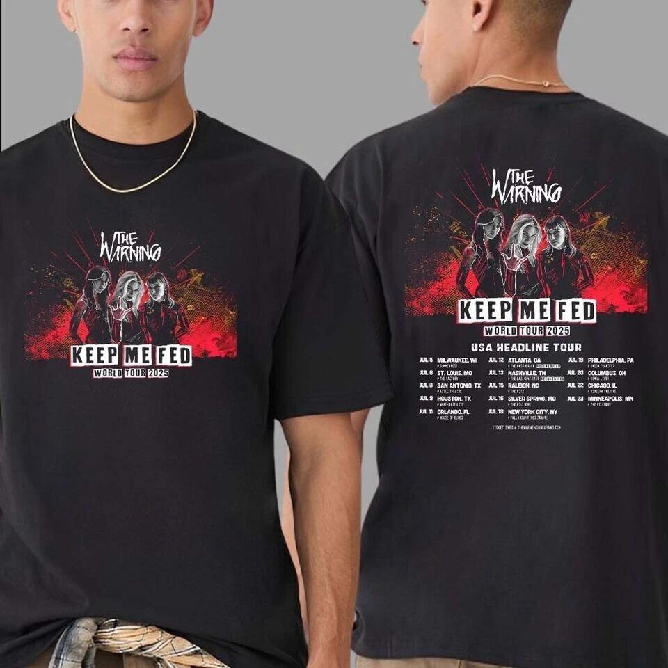 Черная унисекс футболка с принтом The Warning Band Keep Me Fed World Tour 2025 (двусторонняя)
