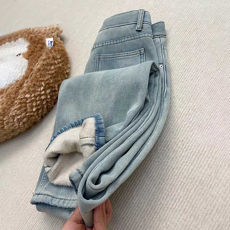 Брюки женские с подкладкой, с высокой талией, длинные, больших размеров, утолщенные, эластичные, однотонные, универсальные, повседневные джинсовые брюки