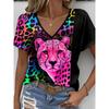 Summer V-neck 3D Animal Leopard Pattern Printed Top Fashionable Casual Short Sleeved Women's T-shirts