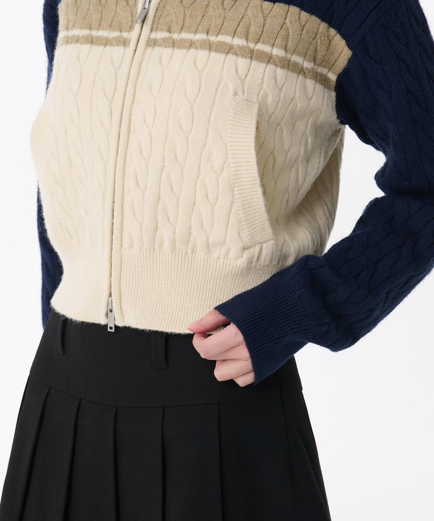 MUSINSA STANDARD WOMAN Women'S Color Block Cable Knit Zip-Up [Navy]