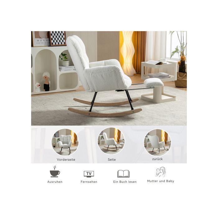 Fauteuil à bascule - MUVOE - Rembourré tissu Teddy - Blanc - Repose-pieds rangement - Balancelles bois & cadre métal
