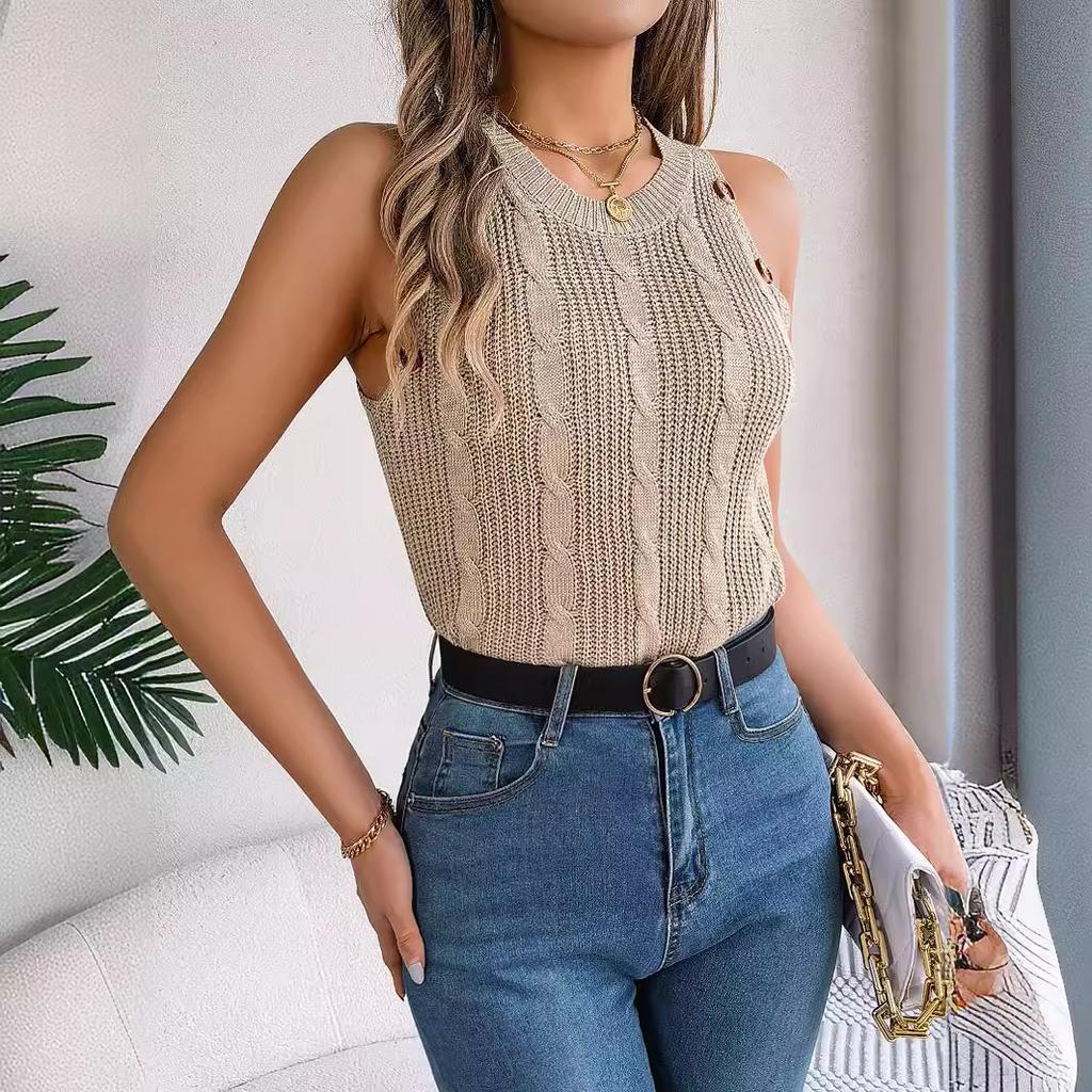 HNXC Summer Solid Color Braided Button Sleeveless Top Vacation Knitted Sweater Women's Wear