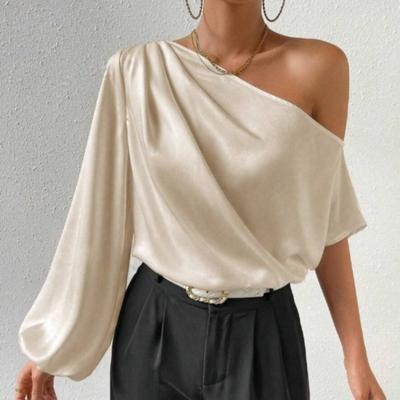 Женская рубашка с косыми плечами и длинными рукавами, однотонная, сексуальная, с открытыми плечами, свободная, темпераментная, атласные блузки и рубашки