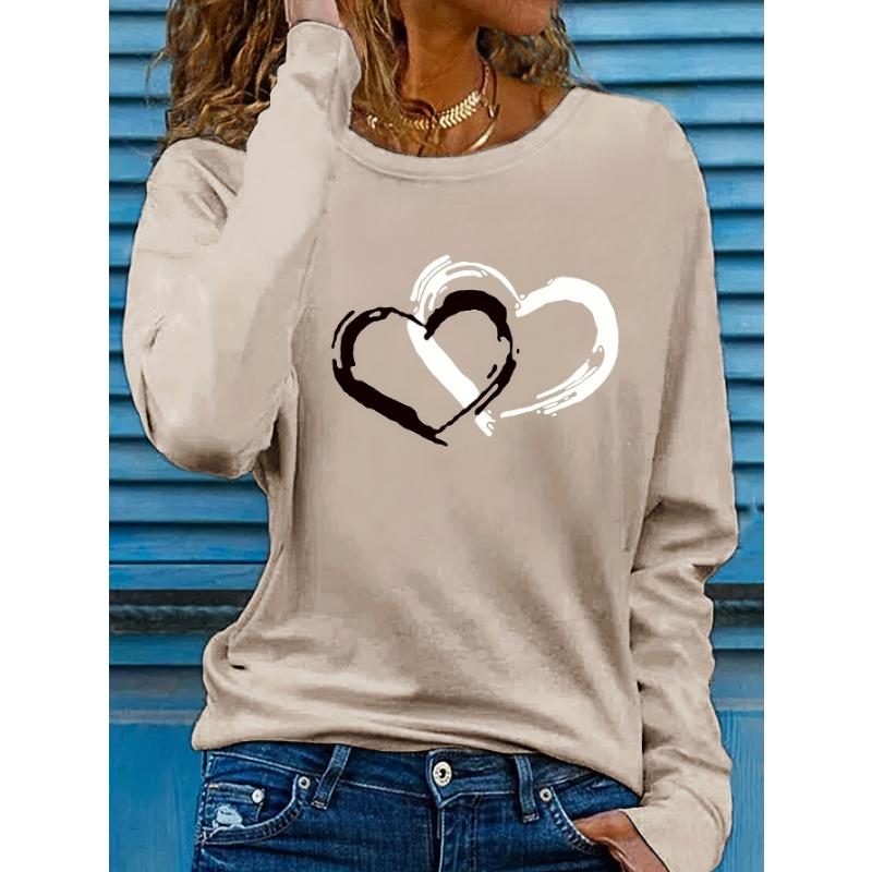 Two heart-shaped printed round neck women's long sleeved T-shirts