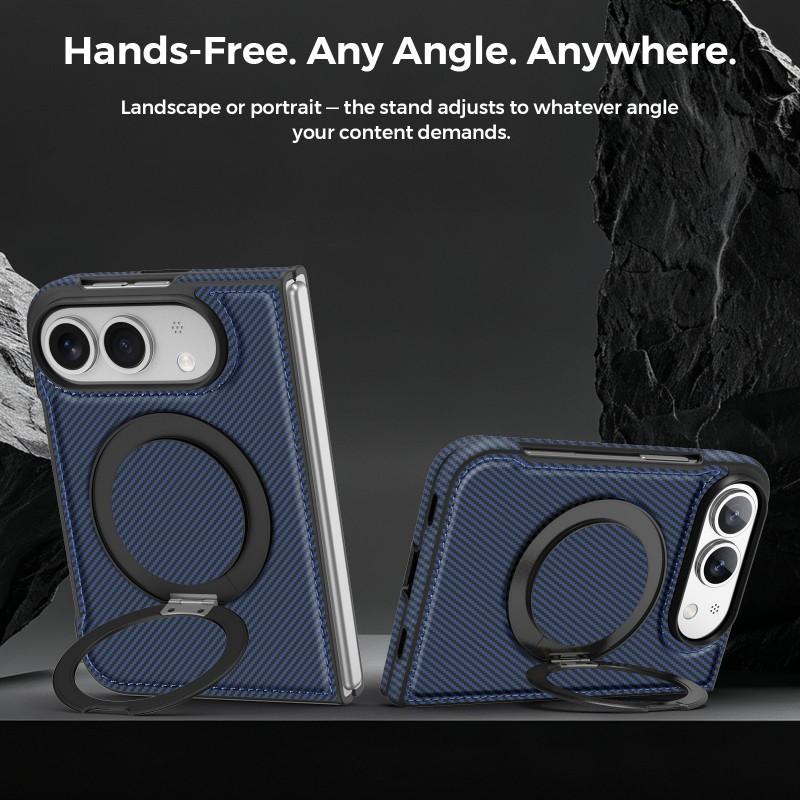 IPhone 18 Foldable Phone Case With Kevlar Texture 360 Rotating Magnetic Stand Premium PU Leather Cover Business Use