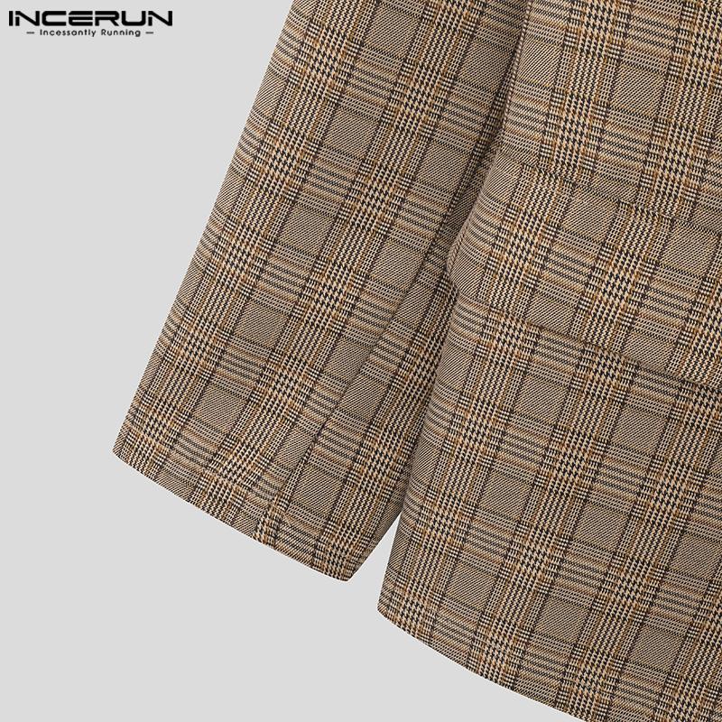 INCERUN Мужской пиджак с зазубренными лацканами и длинным рукавом в клетку, повседневный свободный пиджак