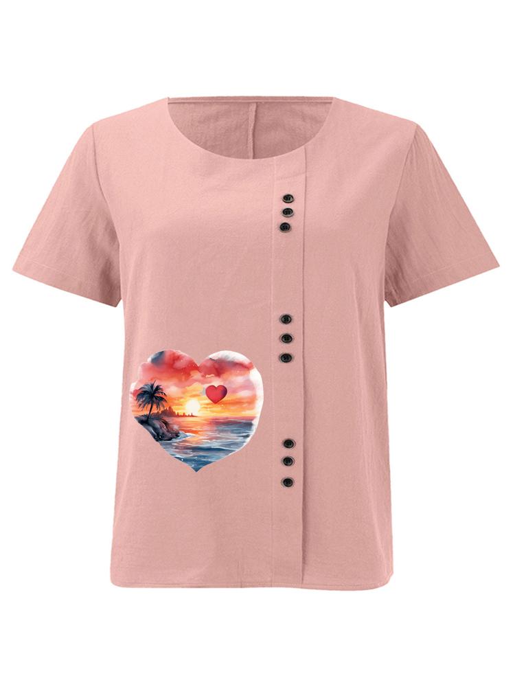 Women's Fashion Heart-shaped Scenery Print Round Neck Short Sleeve T-shirt Casual Cotton Linen Graphic Shirt Leisure Loose Summer Blouse Tops