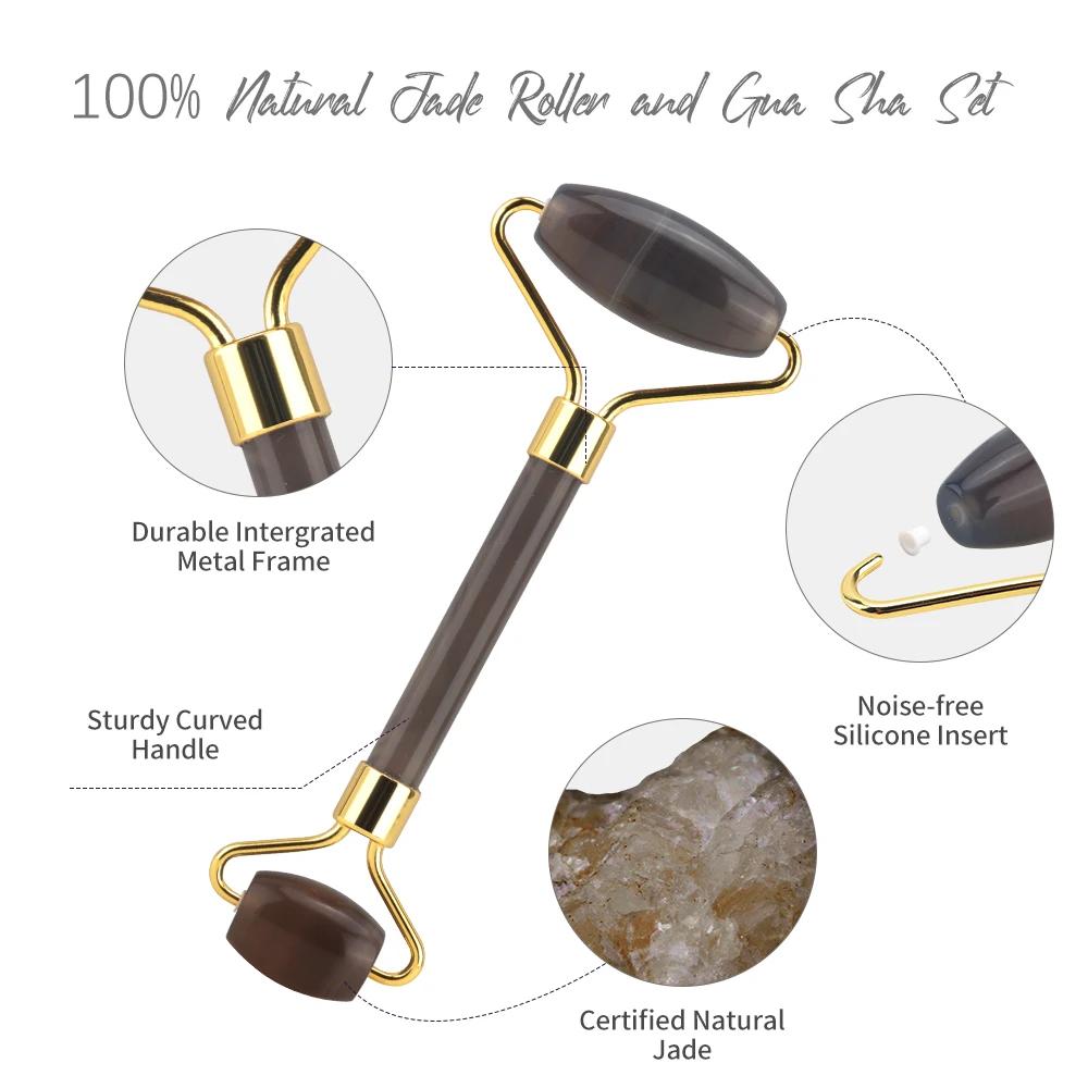 Newest Gray Agate Face Massage Tool Set Jade Roller Gua Sha Board Facial Skin Lifting Anti-Aging Beauty Face Roller Puffy Eyes