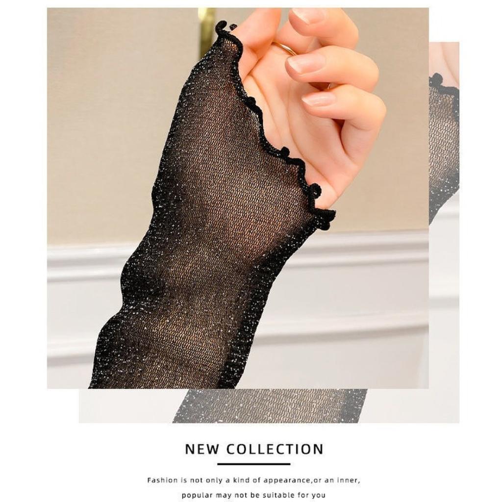 Women T Shirt See Through Transparent Mesh Tops Long Sleeve Sheer Slim Female Turtleneck Bright Silk T-Shirt Lace Crop Top