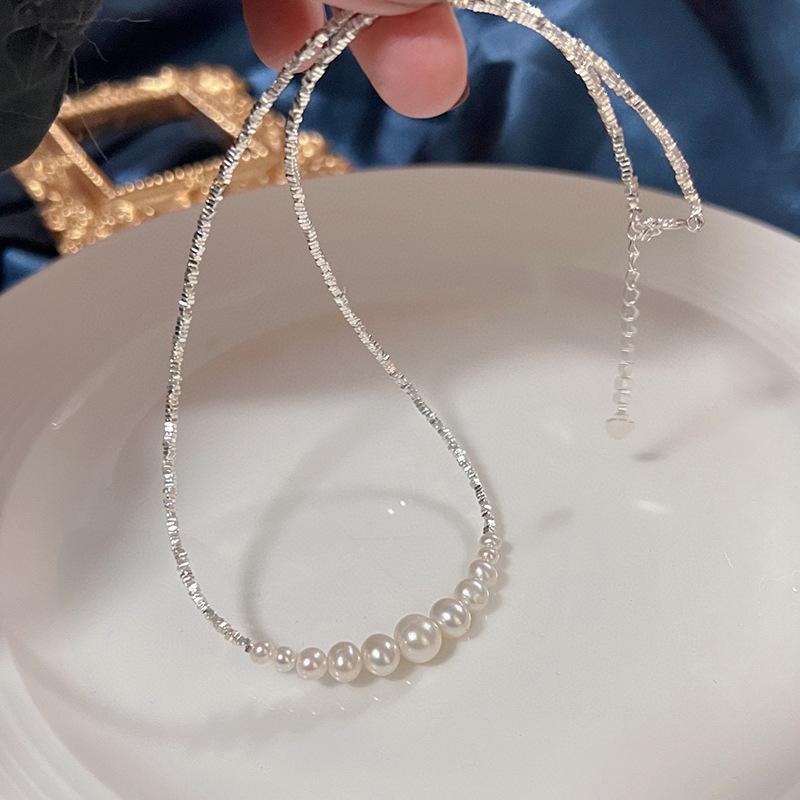 S911 sterling silver broken silver necklace women's simple light luxury high-end accessories natural freshwater pearl smile collarbone chain