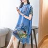 Плиссированное платье в китайском стиле с короткими рукавами и принтом, женское новое летнее летнее платье с воротником-стойкой и пряжкой, женская возрастная юбка