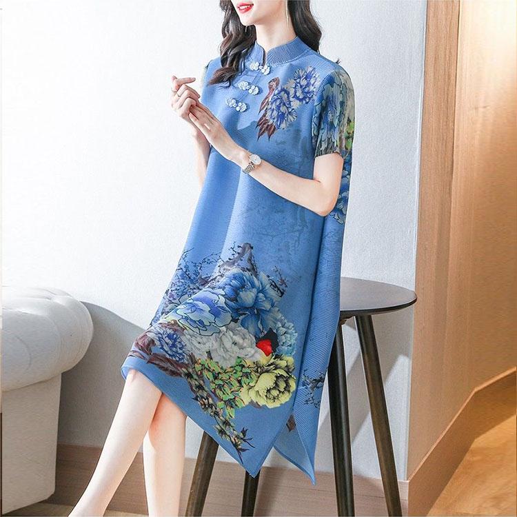 Плиссированное платье в китайском стиле с короткими рукавами и принтом, женское новое летнее летнее платье с воротником-стойкой и пряжкой, женская возрастная юбка
