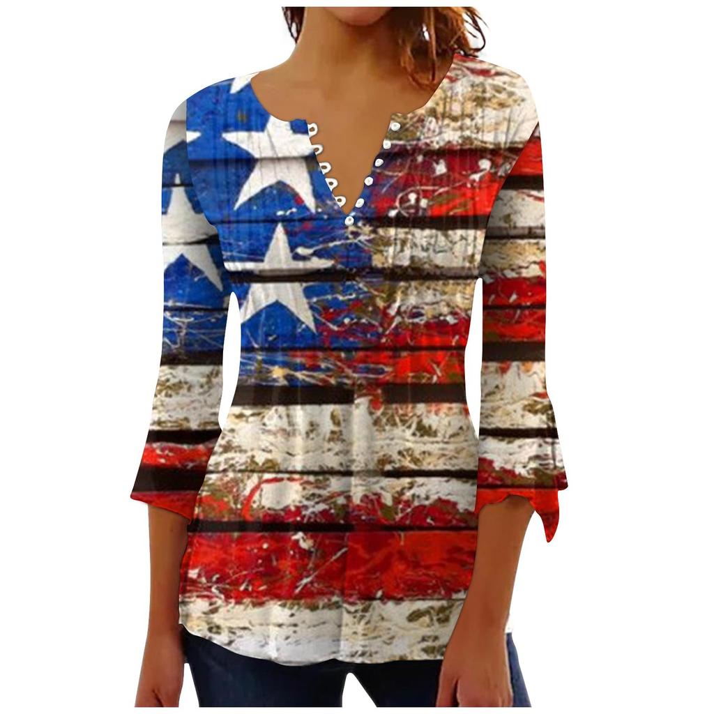 Женский повседневный топ на пуговицах с длинными рукавами и v-образным вырезом в честь Дня независимости