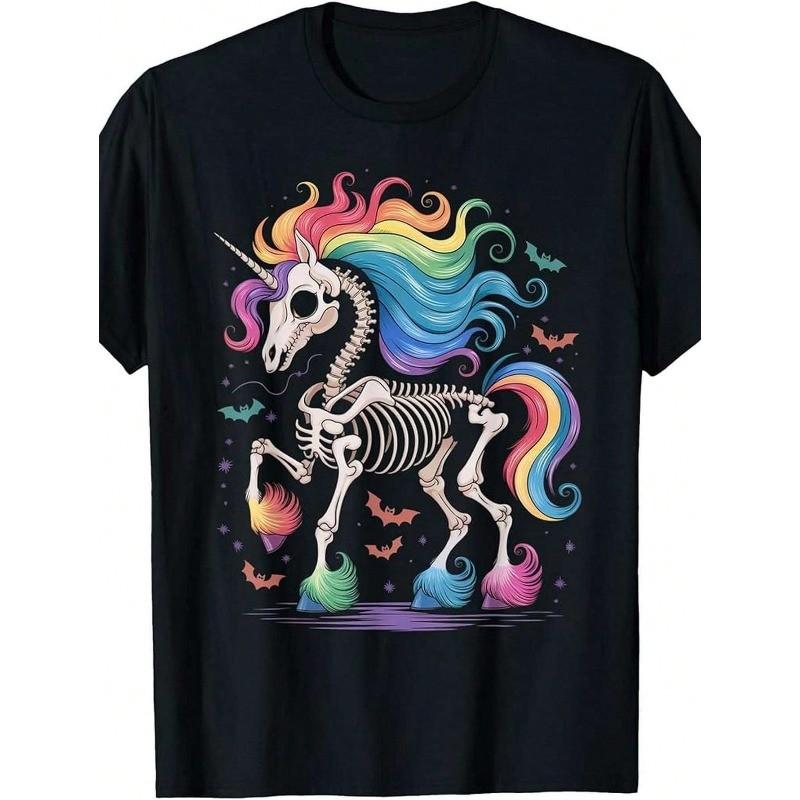 Men's Vintage-Inspired Unicorn Skeleton Rainbow Graphic Tee Short Sleeve