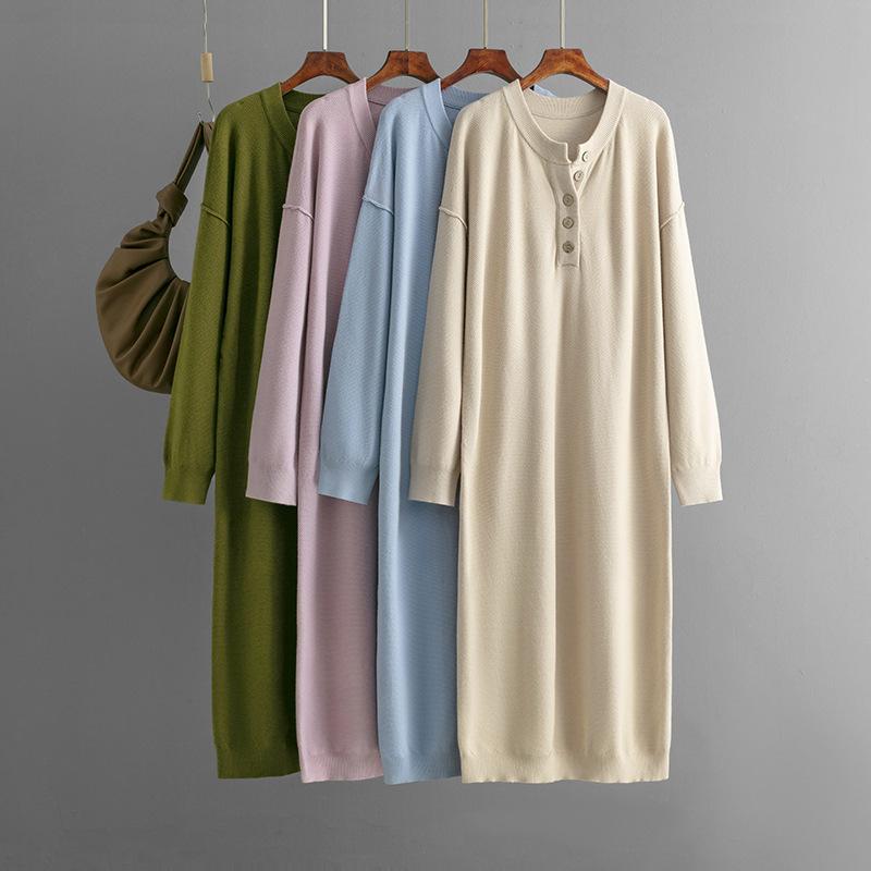 Women's Long Sleeve Button V Neck Oversized Dress Casual Loose Fit Waffle Knit Fall Midi Sweater Dress Trendy Outfits Solid Color Dress for Women