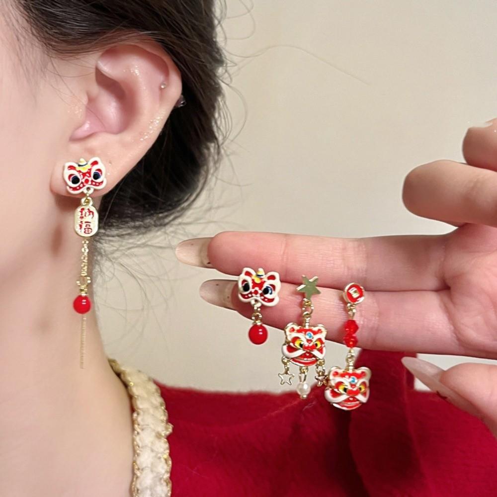 Year of Horse Tassel Lion Dance Earrings Awakened Lion Drop Earrings Lion Dance Ear Studs Girl