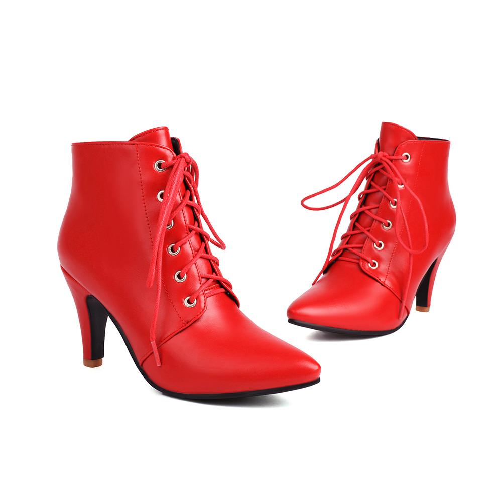 Весенние Коричневые Абрикосовые Женские Ботильоны с Острым Носком на Шнуровке на Высоком Каблуке Маленький Большой Размер 33 47