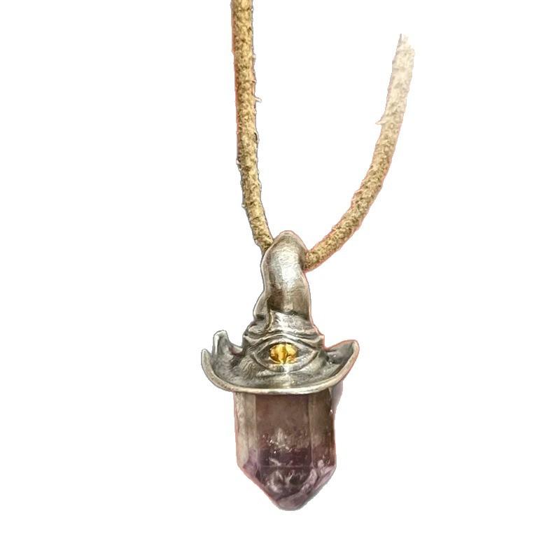 Yuji Retro Style Natural Amethyst Hexagonal Column Witch Hat Pendant, Niche Unique Simple Pendant