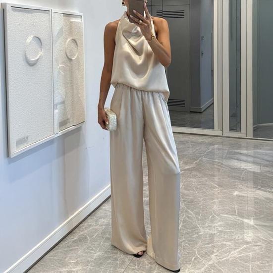 Женские атласные костюмы-двойки: топ-халтер без рукавов и брюки широкого кроя. Повседневный отпускной комплект для отдыха.