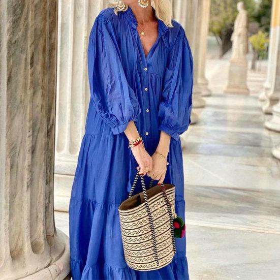 Женское платье макси с воротником-стойкой и V-образным вырезом Свободные заплатки Сплошной цвет с V-образным вырезом Половинное однобортное платье полной длины с длинным рукавом Леди Весенне-осеннее платье