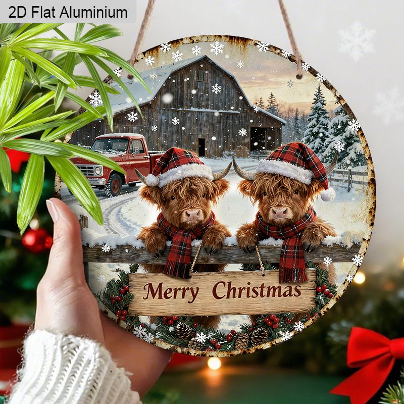 2D Flat Merry Christmas Aluminium Sign with Highland Cow Pattern - Navidad Figurine Ornaments - Ideal for Front Door, Wall, Porch, Fence Decor