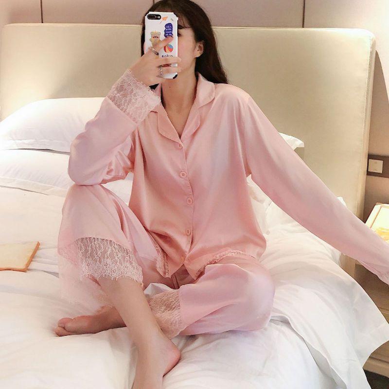 Pijamas Women Nightgown Spring Autumn Long Sleeve Trousers Sexy Lace Sleepwear V-neck Loose Casual Simple Thin Pajama Sets
