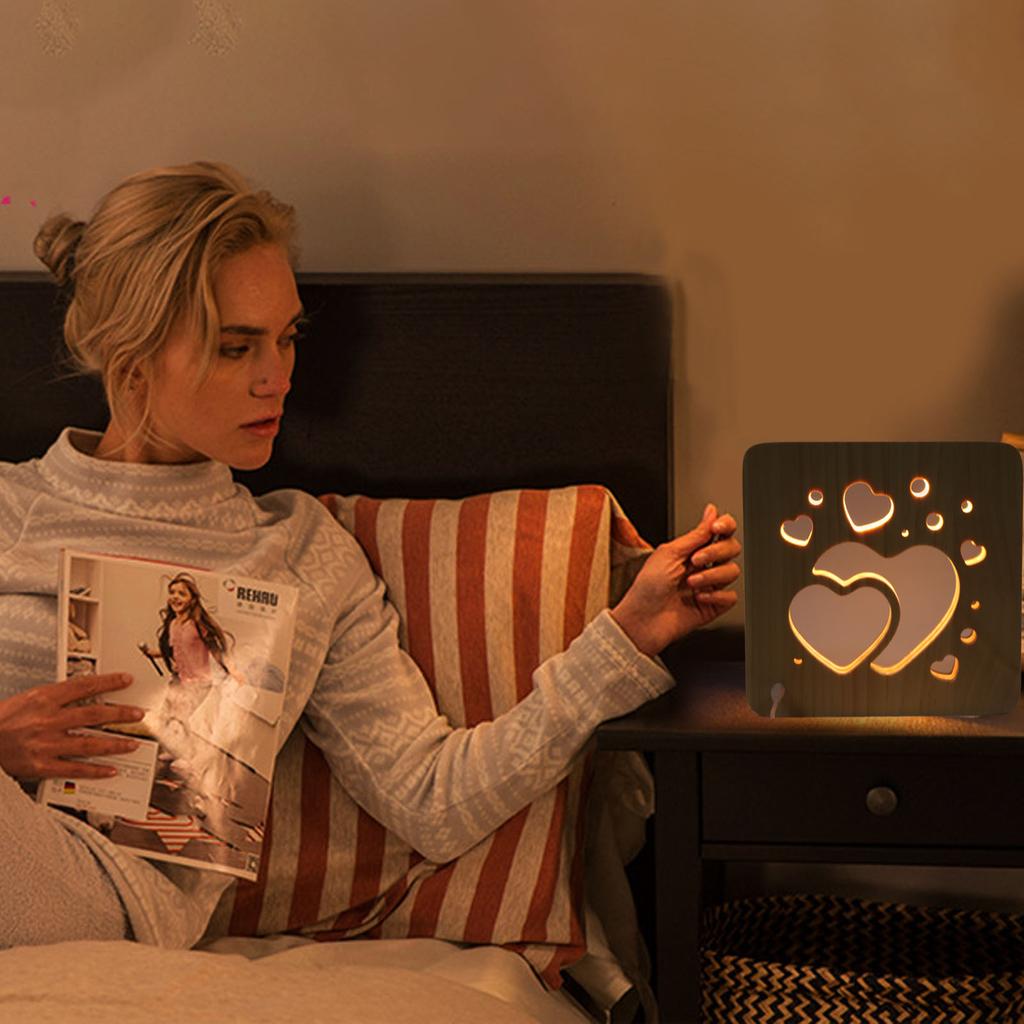 Wooden 3D LED Light Valentine\'s Day Hollow Hearts Shape Style Pine Wood USB Power Supply Decorative