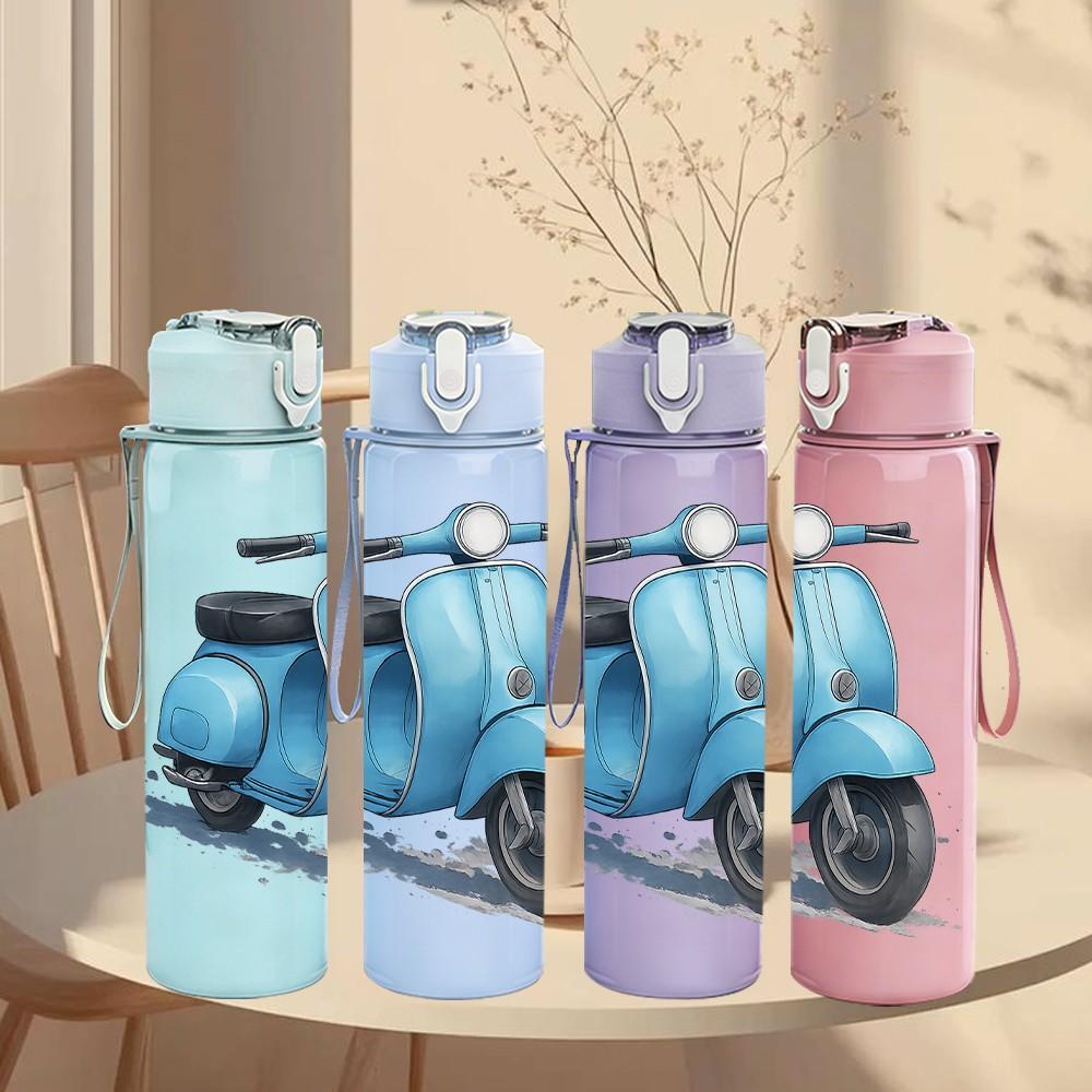 1PC Retro Blue Scooter 750ml Color Plastic Sports Water Bottle Leakproof Flip Straw Lid Suitable for Sports Office Home Use