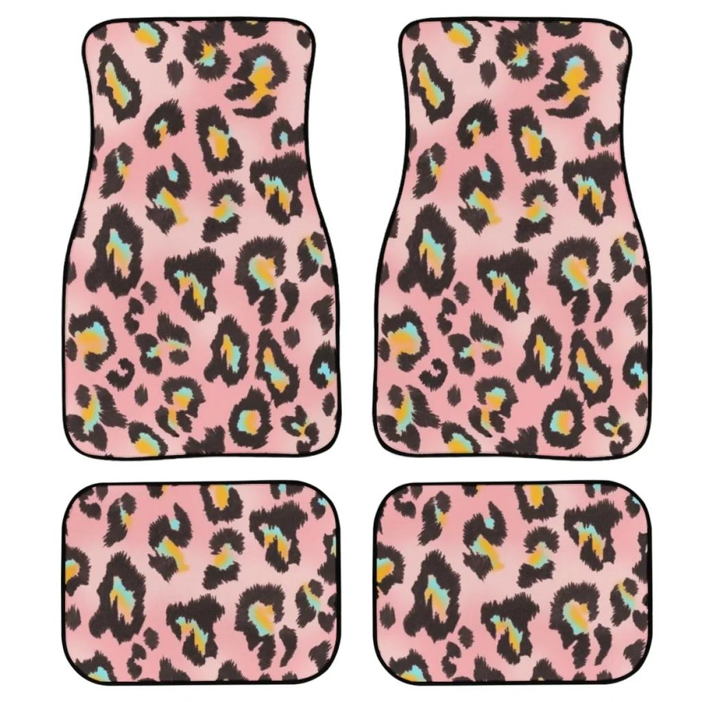 Pink Leopard Print Set of 4Pcs Car Floor Mats for Women Non Slip Car Accessories Front and Back Carpet Rug Durable
