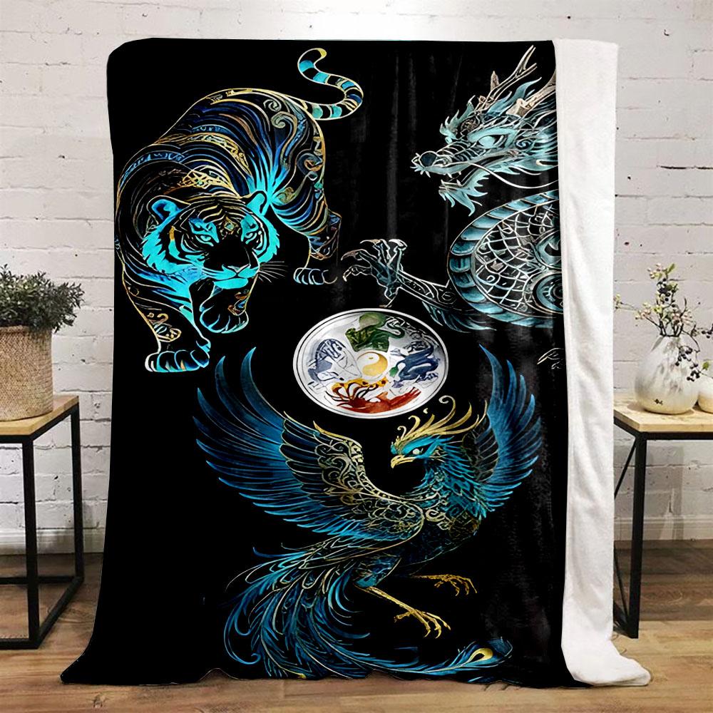 Dragon, Tiger, Phoenix with Yin-Yang Design Patterned flannel blanket perfect for the bedroom living room, sofa, or a little nap