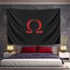 A red Omega symbol with distressed effects on a black background. Patterned tapestry for bedroom and living room home decor