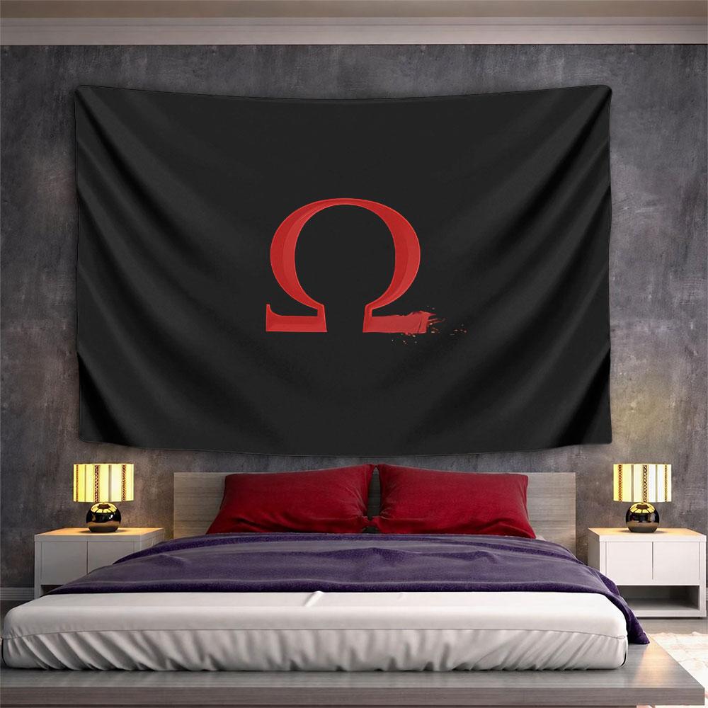 A red Omega symbol with distressed effects on a black background. Patterned tapestry for bedroom and living room home decor