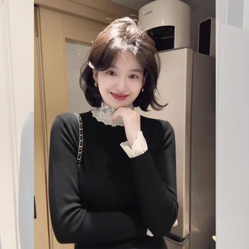 Розовый девичий свитер женский осенне-зимний многослойный полуводолазка базовая рубашка кружевная внутренняя рубашка с длинным рукавом вязаный топ