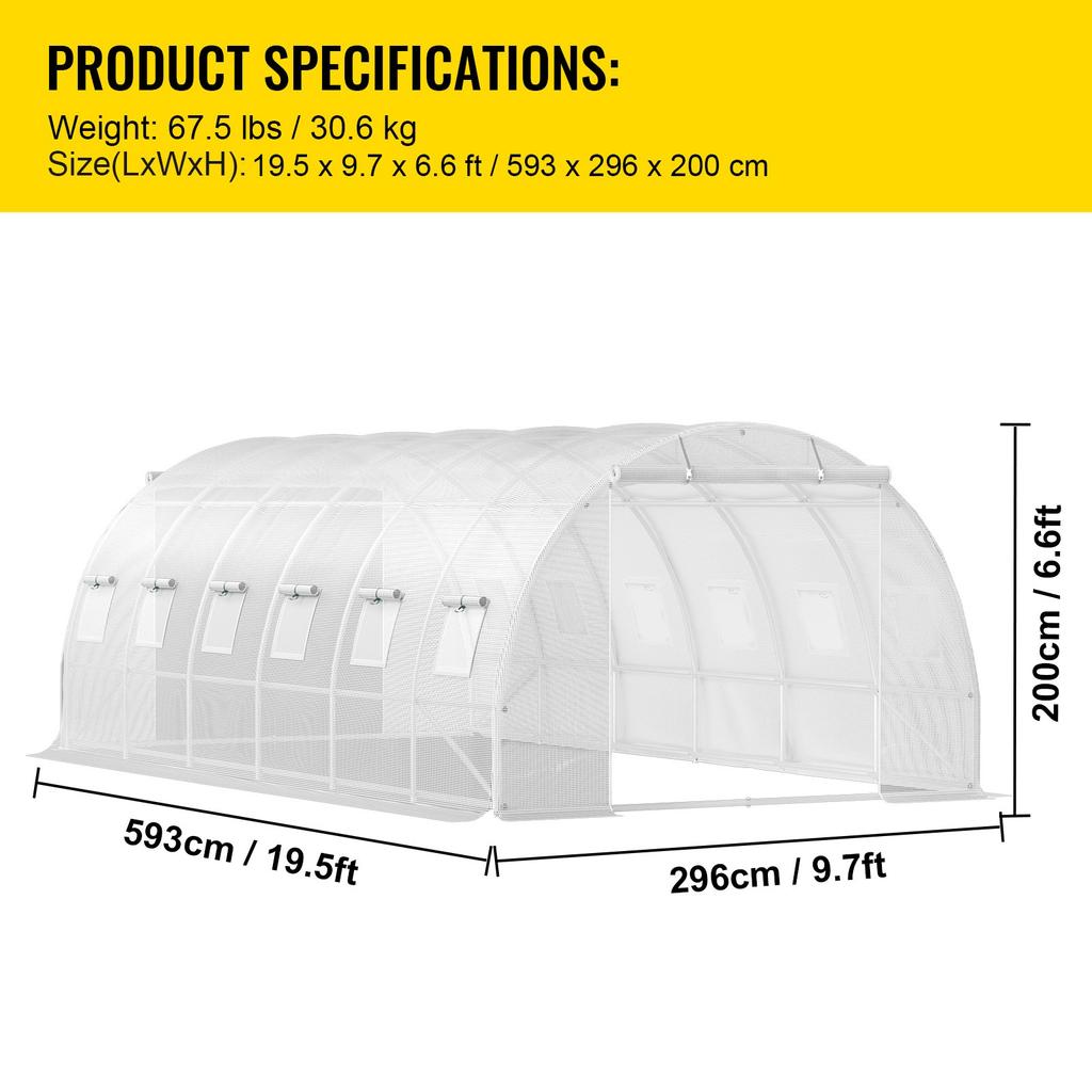 VEVOR Walk-in Tunnel Greenhouse, 609.6 x 304.8 x 213.4 cm Portable Plant Hot House w/ Galvanized Steel Hoops, 3 Top Beams, 4 Diagonal Poles