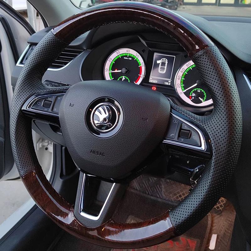 bngdr8 Peach Wood Leather for Skoda 2016-2018 Superb Hand Sewing Car Steering Wheel Cover Interior Protection Shell Car Accessories