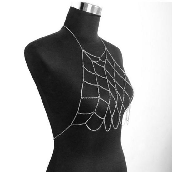 Body Chain Geometric Sexy Hollow Out Crossover Electroplating Dress Up Vacation Gift Women Mesh Bikini Bra Chain Harness Necklace Jewelry Beach Wear