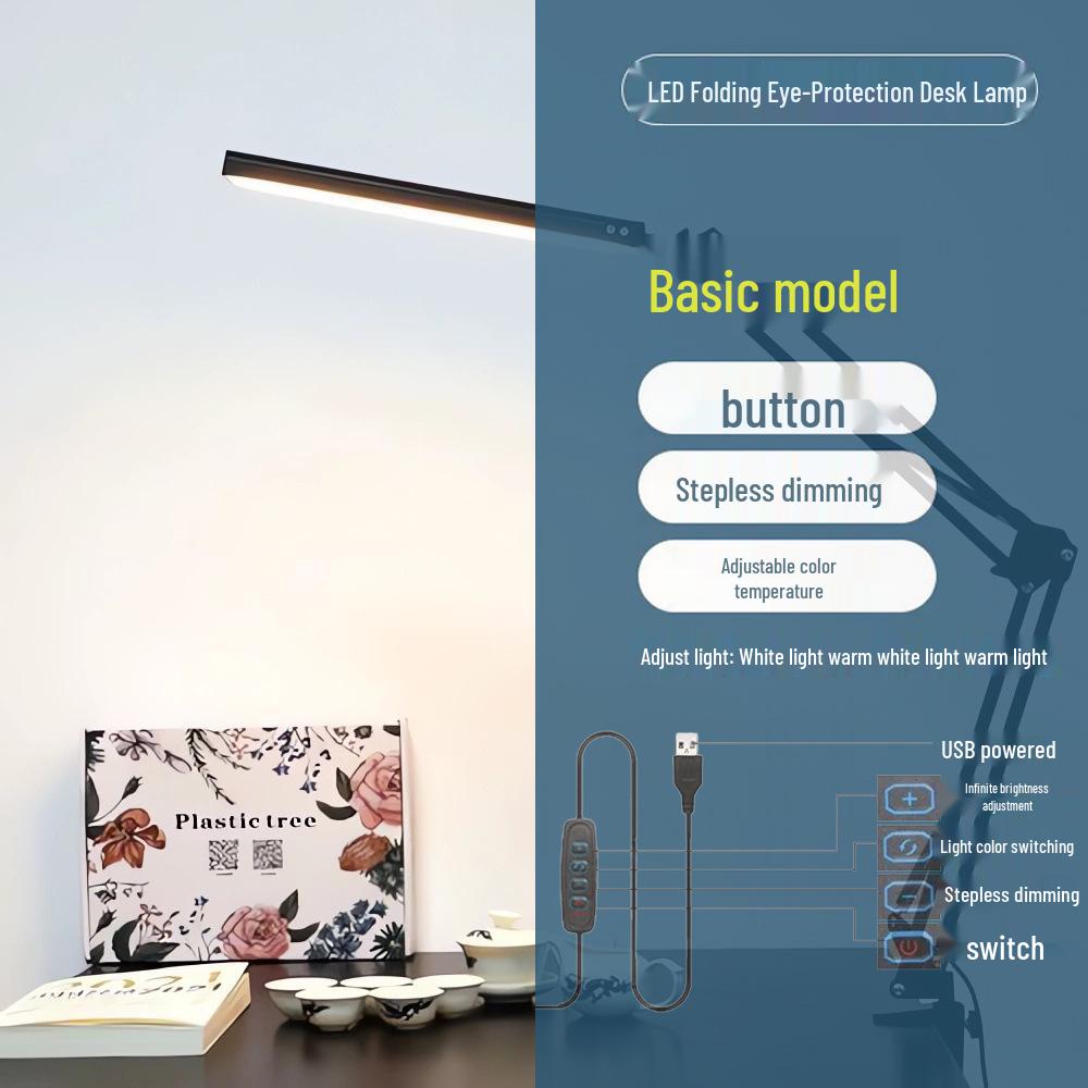 Светодиодная складная настольная лампа с дистанционным управлением и длинным плечом, с защитой глаз для освещения учебы или общежития, питание от USB, с клипсой
