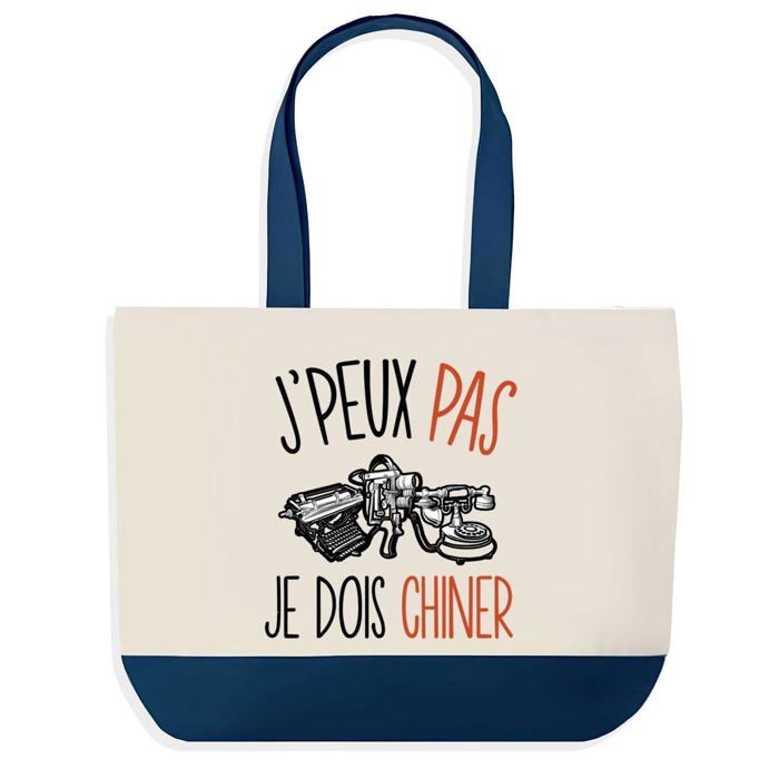 Sac shopping - PLANETEE - J'peux pas Je dois Chiner - Fond bleu - Coton 40x45 cm - Fabriqué en France
