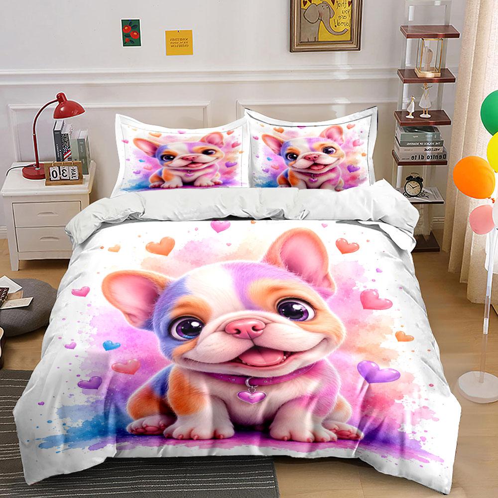 Colorful cartoon puppy with hearts Print Bedding Set 1 Duvet Cover 2 Pillowcases for Adult and Children Luxury Gift Full Size