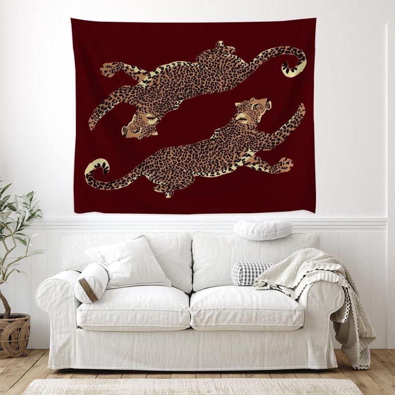 Burgundy Double Leopard Cheetah Wall Tapestry Wine Red Jumping Wild Cat Pair Spotted Animal Print Vintage Bedroom Living