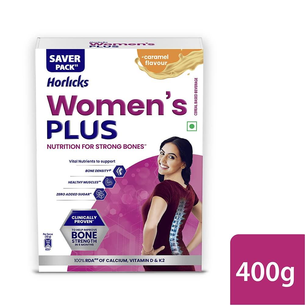 Horlicks Women's Plus Карамельный питательный напиток 400 г Пакет для пополнения, Питание для крепких костей со 100% суточной нормой кальция и витамина D - Без добавления сахара