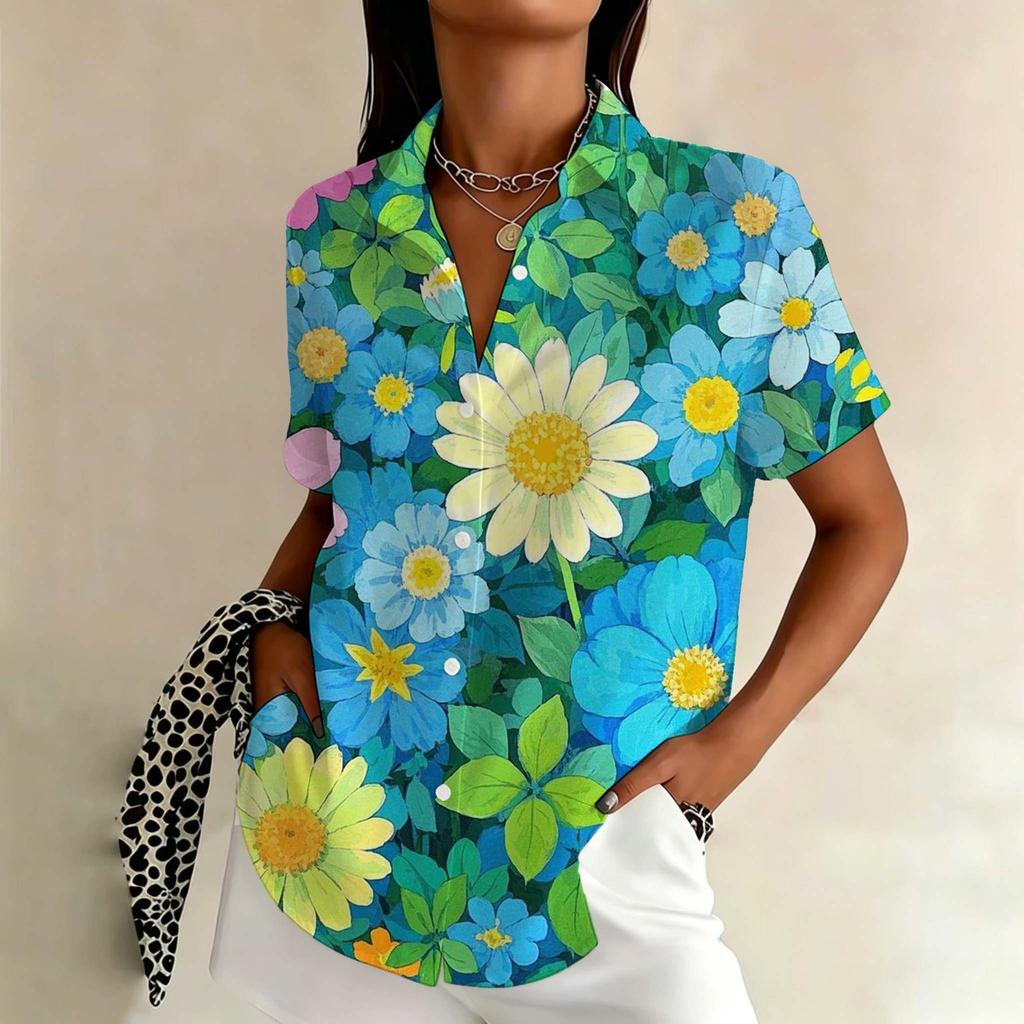 Women's Romantic Rose Floral Shirt Flower Graphic Short Sleeve Button Down Blouse Summer New Fashion Women Clothing