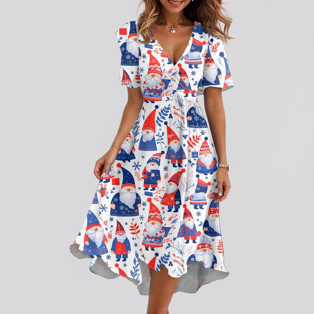 Women's Loose Casual V-Neck Flared Skirt Short Sleeved Printed Dress Printed Dress