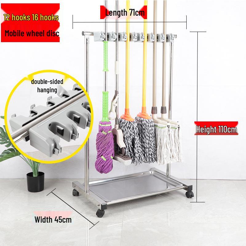 Stainless Steel Floor-standing Mop and Broom Rack with Balcony Storage