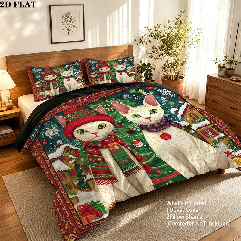 Christmas cat Pattern Bedding Home Decoration Birthday Gift ( 1 duvet cover + 2 pillowcase, without core),fan merchandise.
