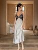 Spring and summer long nightgown sexy ice silk thin suspender chest pad nightgown two-piece set French pajamas purple super long