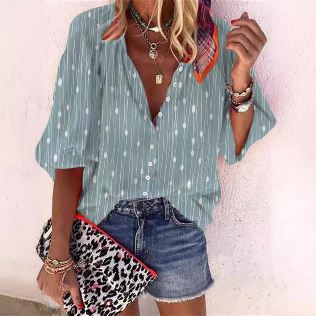 Летняя мода Стойка воротник Свободный крой На пуговицах Ретро принт Повседневные Рукава семь восьмых Женские блузки и рубашки