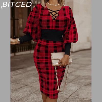 Женские осенние и зимние платья на бедрах с длинными рукавами и v-образным вырезом и талией