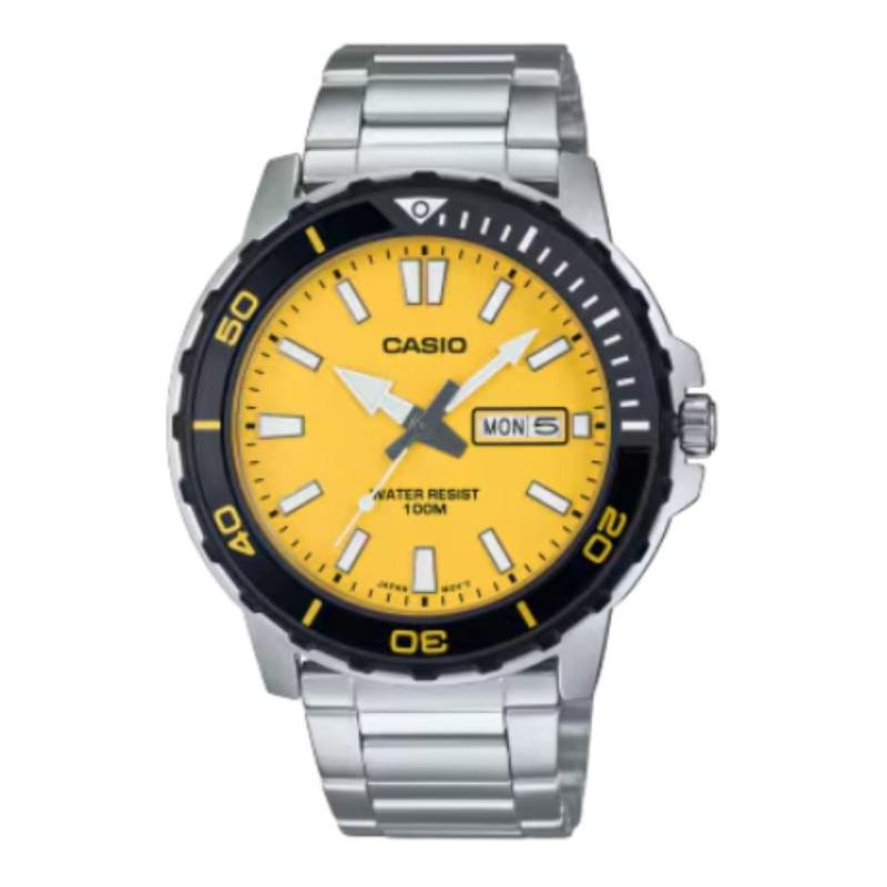 Casio Аналоговая стрелочная серия 100 метров водонепроницаемые Кварцевые Стальной ремешок мужские часы оранжевый циферблат MTD-125D-9AVDF